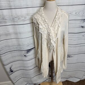 Double Zero Ivory Crochet Fringe Open Cardigan
